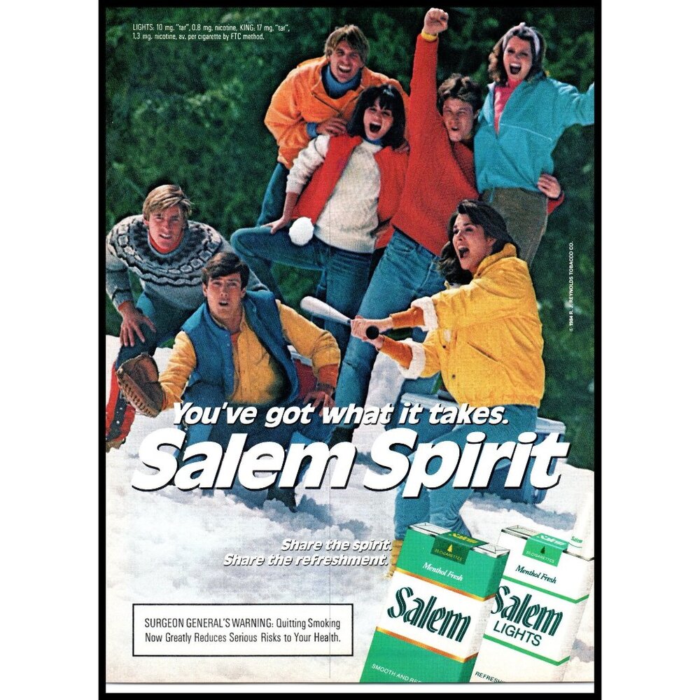 1985 Salem Cigarettes Vintage Print Ad Snowball Baseball Bat Winter Wall Art 80s